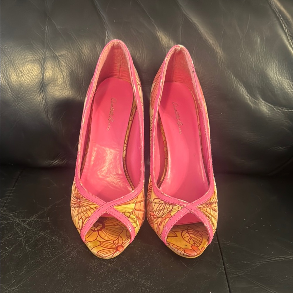 Charlotte Russe Pink and Yellow Peep-Toe Heels